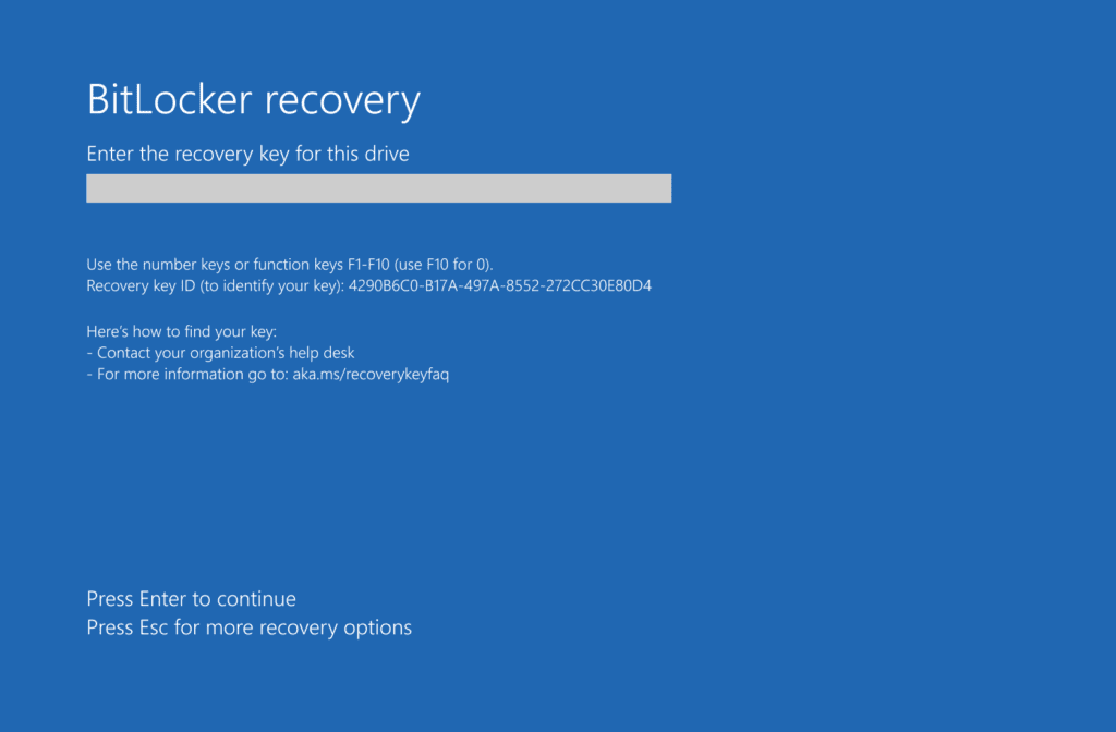 Surface device displaying BitLocker 
 recovery key prompt screen