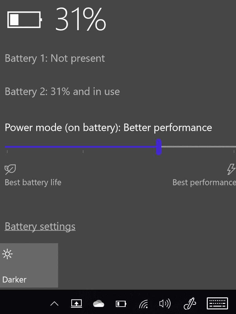 Surface Book showing battery status of 0% and not charging.